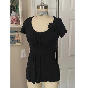 ZARA Collection Y2K Black FLOWER Applique Smocked Blouse Shirt *SMALL*